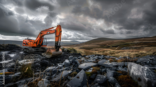Une énorme excavatrice orange creusant au cœur du paysage rocheux accidenté photo