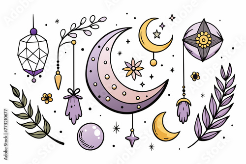 Hand-drawn mystical moon collection white background.