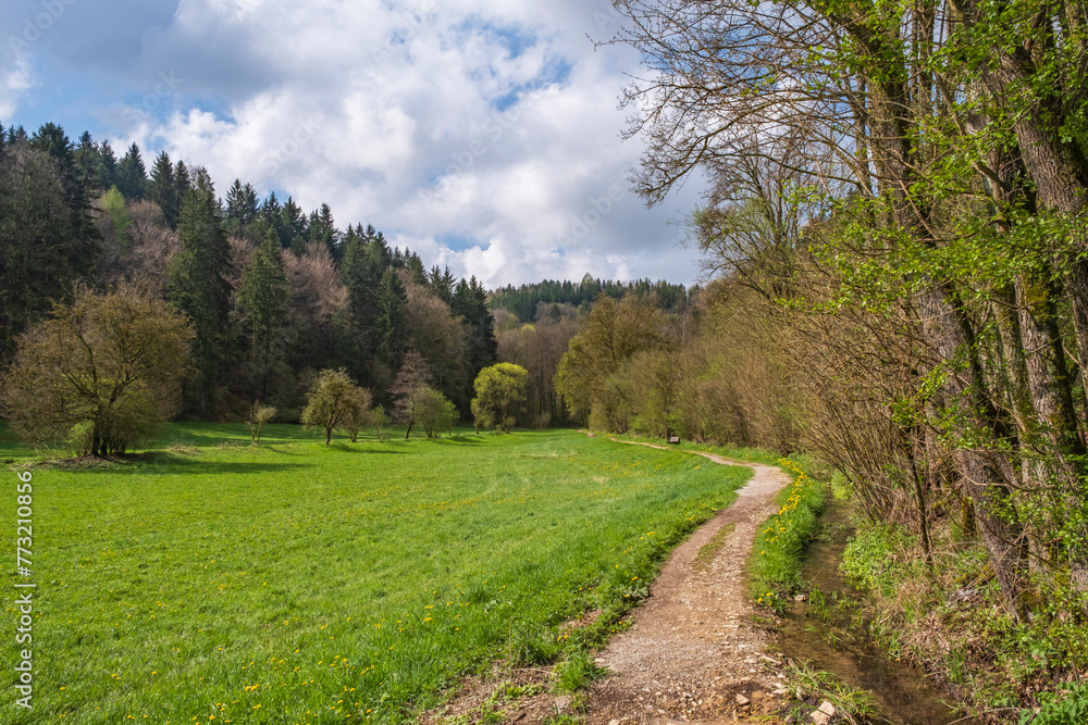View of a small valley in Franconian Switzerland near Thuisbrunn/Germany on a sunny spring day