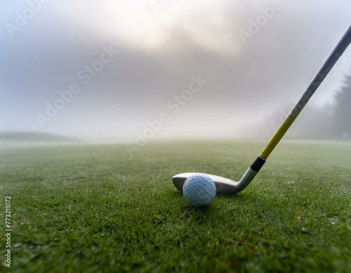 A lone golf club lying on the wet grass of a misty fairway, the ball positioned a short distance away, suggesting an early morning shot in solitude.