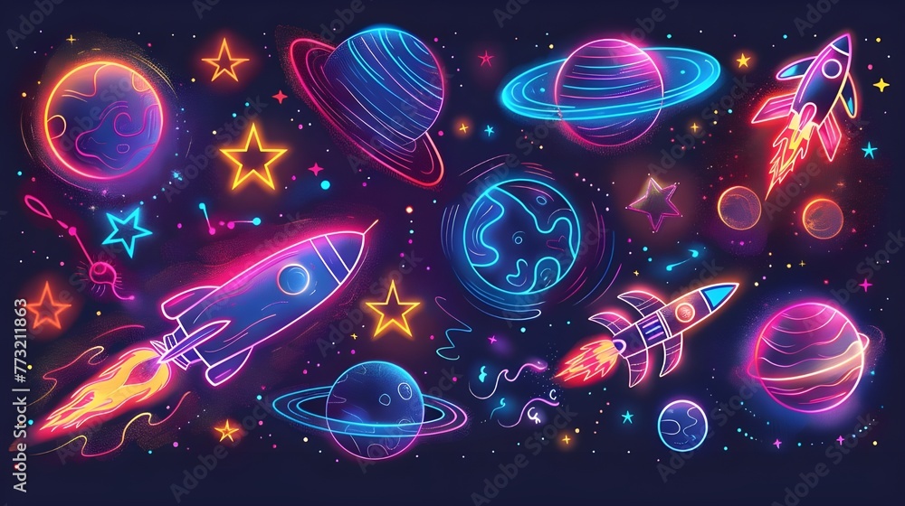 Fototapeta premium glowing neon space explore start planet rocket illustration