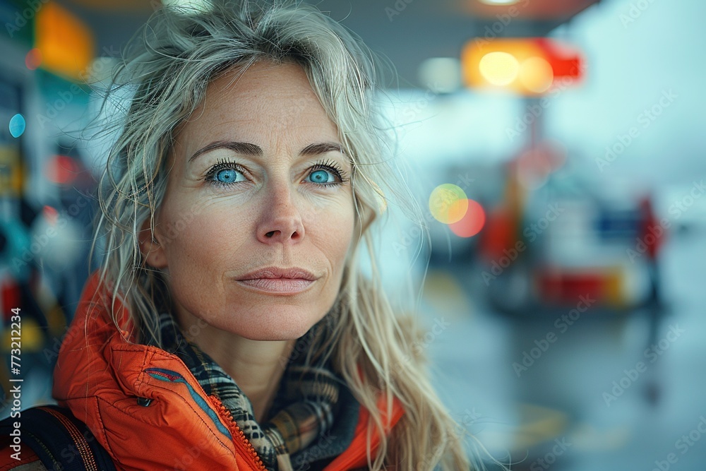 Obraz premium Middle aged female gas station worker taking a break