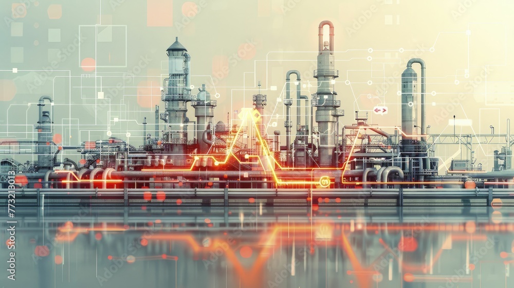 Fototapeta premium Minimalist illustration of a heartbeat signal emanating from industrial machinery, on a light background, concept for monitoring industrial health and safety.