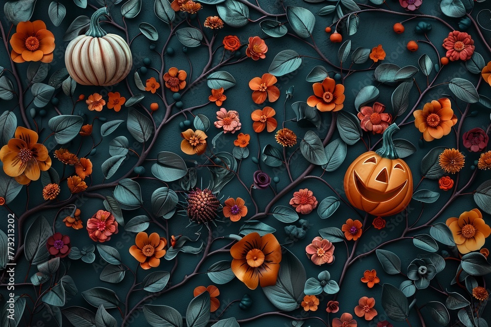 3d clay pattern of jackolanterns flowers and vines muted and bright colors dark background. 3d clay pattern of jackolanterns flowers and vines muted and bright colors dark background.