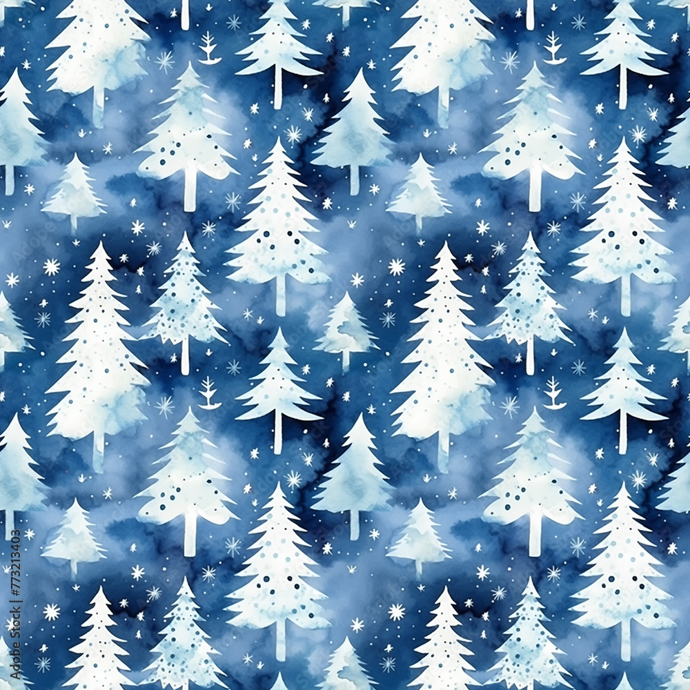 Obraz premium Watercolor Christmas seamless pattern with snowy trees on deep blue background.