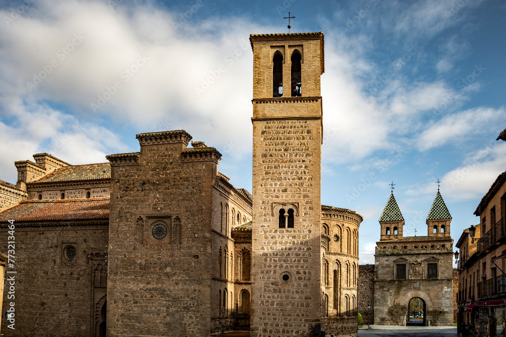 Monumental complex with the parish of Santiago el Mayor with the Puerta Nueva de Bisagra in Toledo, Castilla la Mancha, Spain