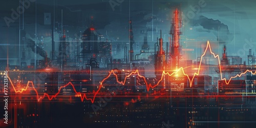 Sleek depiction of an ECG line transitioning into a factory silhouette, on a workforce health background, concept for heart health in the industrial workforce.