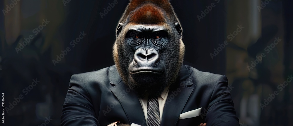 A gorilla in a leadership seminar, wearing a power suit, symbolizing strength and authoritative presence A gorilla in a leadership seminar, wearing a power suit, symbolizing strength and authoritative presence