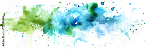 Blue and green watercolor paint spots on transparent background.