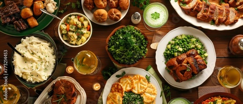 A table set with a feast of Irish dishes, prepared for a Saint Patrick's Day banquet