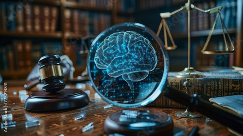 Conceptual photo of a digital AI brain under a magnifying glass  legal tomes and gavel in the background  ethics theme