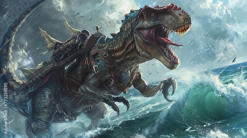 An Acrocanthosaurus in pirate attire, its towering height allowing it to scout far across the turbulent seas photo