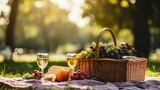 Summer picnic in nature with wine and grapes, copy space for a relaxing outdoor gathering