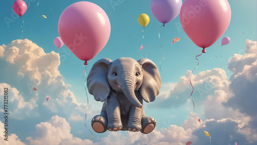 Cute cartoon elephant with balloons surprise