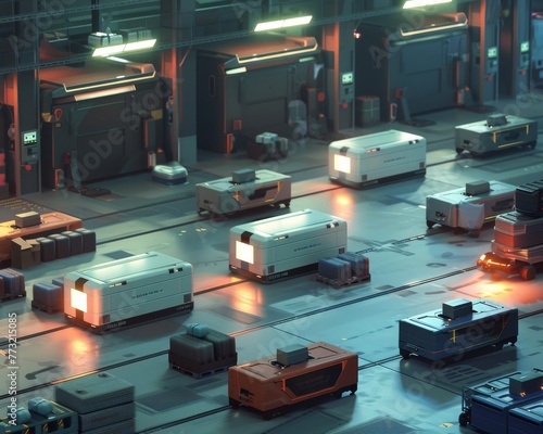 An AI-driven logistics warehouse, where automated vehicles and drones organize and transport goods seamlessly