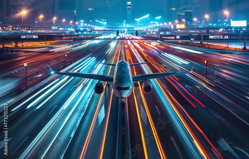 An airport road, with the motion blur of vehicles and aircraft illustrating the constant flow of arrivals and departures photo