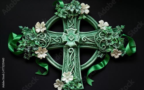 An ornate Celtic cross, decorated for Saint Patrick's Day with green ribbons and flowers