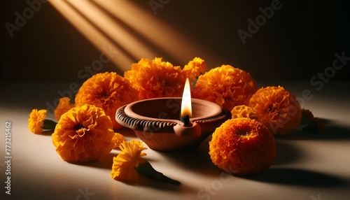 Beautiful realistic diya lamp with marigold flowers for puthandu celebration. photo