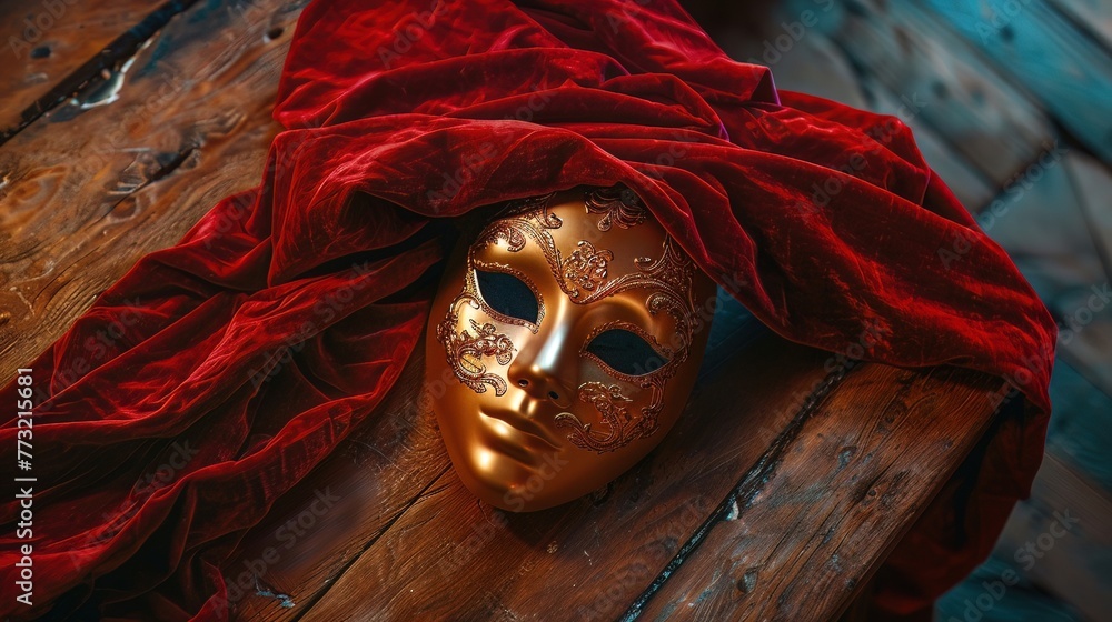 Gold mask with a red velvet flourish, lying on an antique wooden table, whispers of intrigue - obrazy, fototapety, plakaty 