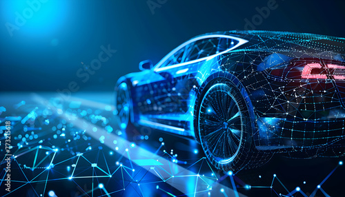 blue car made of an abstract polygon network, blue blurred glowing network in the background