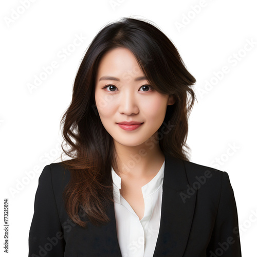 Professional headshot of a smiling Asian businesswoman, isolated on transparent background