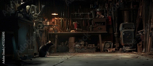 Nighttime in a garage, a mouse outsmarts the cat among old tools and shadows, creating a suspenseful mood