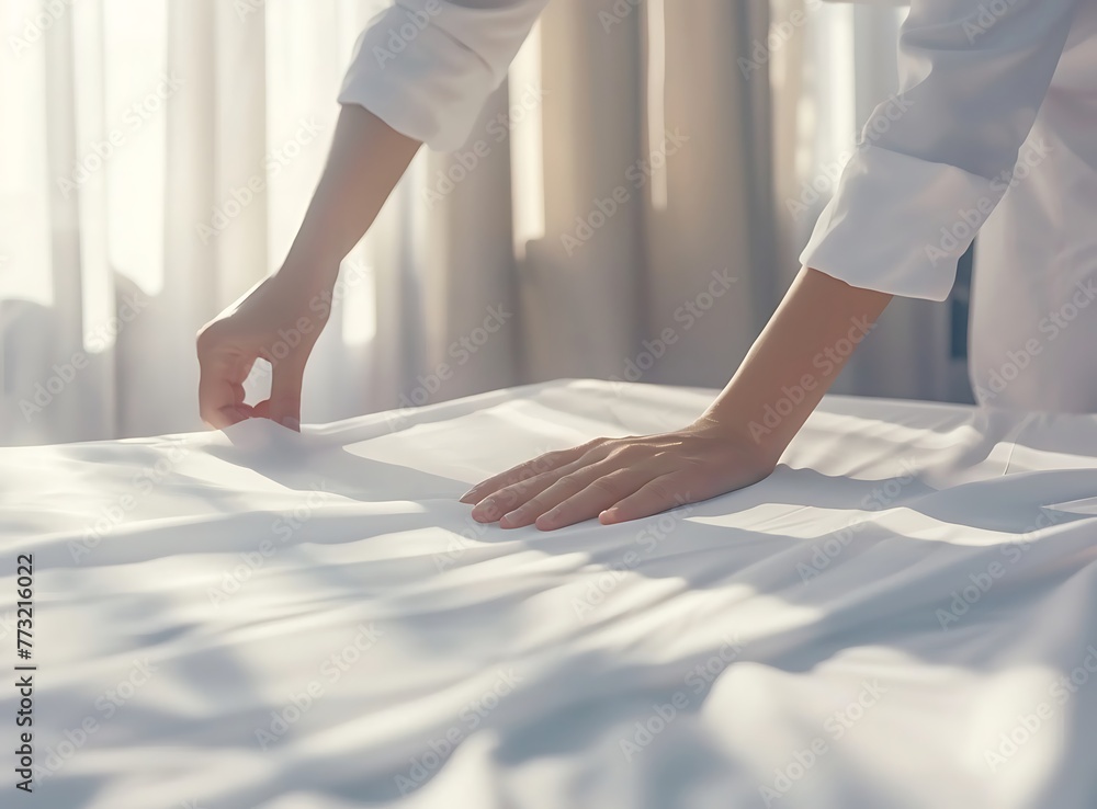 Close up of a hotel housekeeper's hands making a bed, with white blank paper on the table in a simple composition with a feminine and sunny light background - obrazy, fototapety, plakaty 