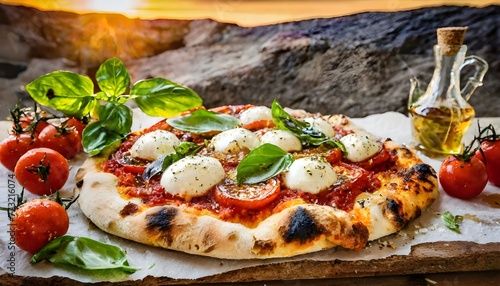A rustic, wood-fired pizza with a perfectly charred crust and a simple topping of heirloom tomatoes, fresh mozzarella, and fragrant basil leaves. 