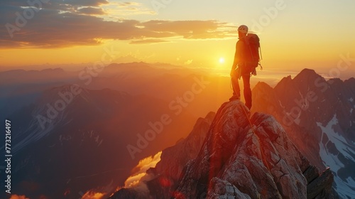 A rock climber is climbing rock mountain on his trekking trip. © ANEK