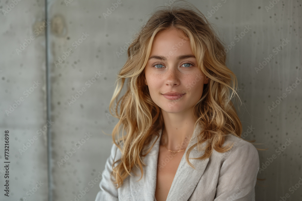 portrait of a blonde business woman in a light-colored jacket on the background of a wall with decorative tiles portrait of a blonde business woman in a light-colored jacket on the background of a wall with decorative tiles