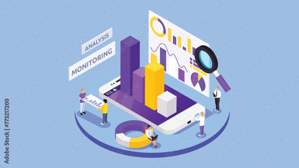 Analyzer software isometric vector illustration. Data analysis flat isometric vector concept Analyzer software isometric vector illustration. Data analysis flat isometric vector concept