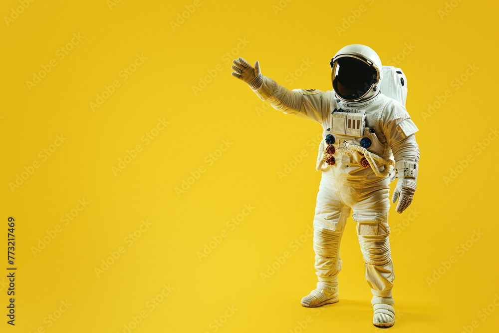 An astronaut in full gear stands with arm extended, evoking themes of space exploration and discovery on a vibrant yellow background - obrazy, fototapety, plakaty 
