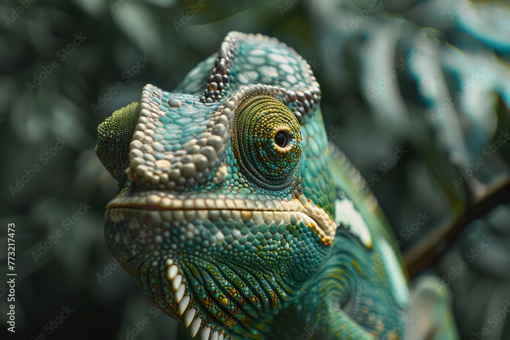 Fototapeta premium Closeup of a chameleon changing color, capturing the transition in realtime, perfect for studies on reptilian adaptation