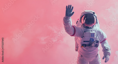 An astronaut waves capturing a human connection in a solitary smoky, pink environment, suggesting camaraderie