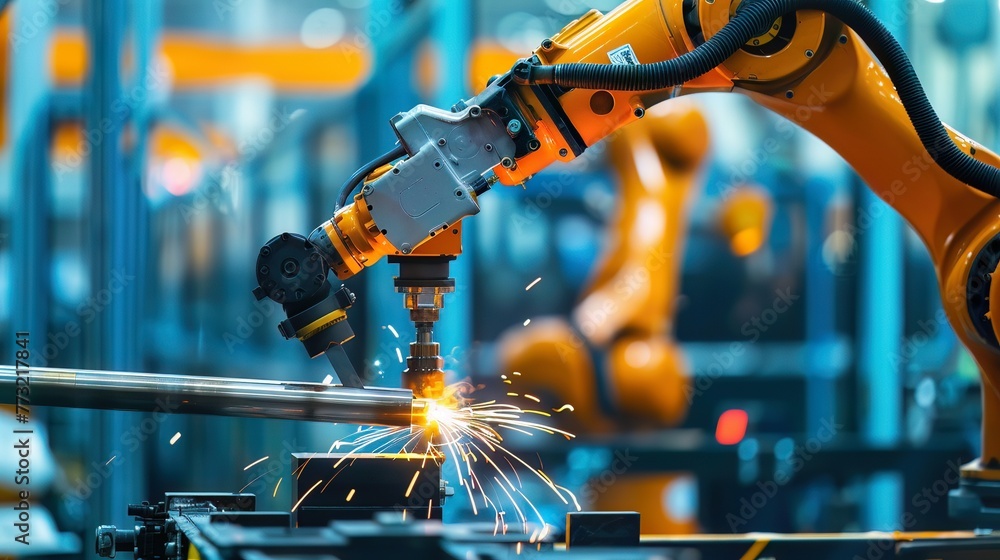 A detailed view of an automated welding robot joining metal parts, illustrating advanced robotics in industrial assembly A detailed view of an automated welding robot joining metal parts, illustrating advanced robotics in industrial assembly