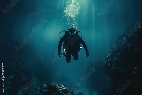 A diver plunging into unknown depths, metaphor for exploring uncharted territories and taking risks