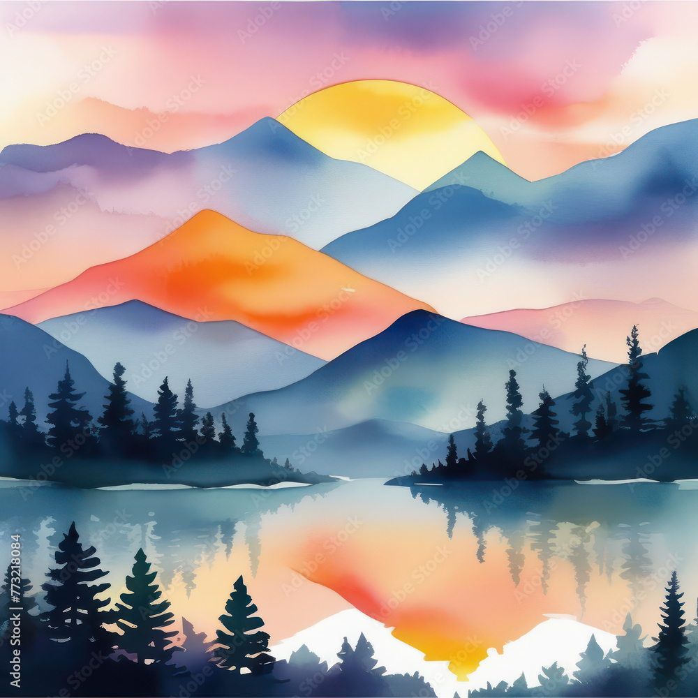 Serene landscape. Mountains, a reflecting lake and a soft pastel color palette. Watercolor illustration.