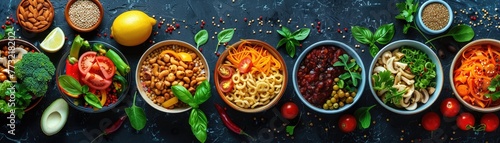 a mix of trendy health foods, innovative cooking techniques, and futuristic food products arranged artistically from a birds-eye view, creating a captivating and modern composition photo