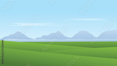 landscape cartoon scene. green field with mountains background and blue sky