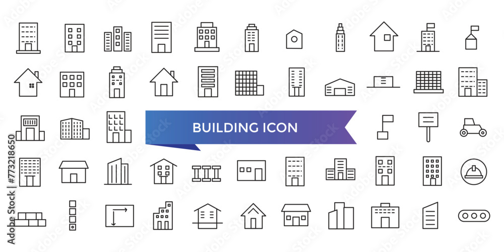 Building icon collection. Related to house, office, bank, school, hotel, shop, university and hospital icons. Line icon set. Building icon collection. Related to house, office, bank, school, hotel, shop, university and hospital icons. Line icon set.