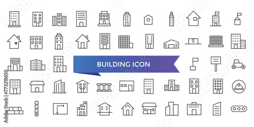 Building icon collection. Related to house, office, bank, school, hotel, shop, university and hospital icons. Line icon set.
