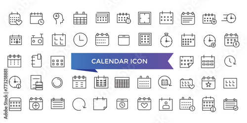 Calendar icon collection. Containing date, schedule, month, week, appointment, agenda, organization and event icons. Line icon set.