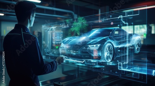 engineer checking and touching on auto design hologram in lab, Diagnostic Auto in HUD style on big screen, EV car concept, Generative AI © khwanchai