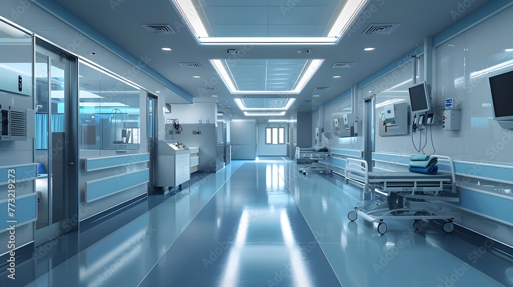 An empty hospital corridor with long, fluorescent lights overhead An empty hospital corridor with long, fluorescent lights overhead