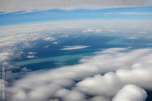 Clouds from an airplane window. Color illustration.