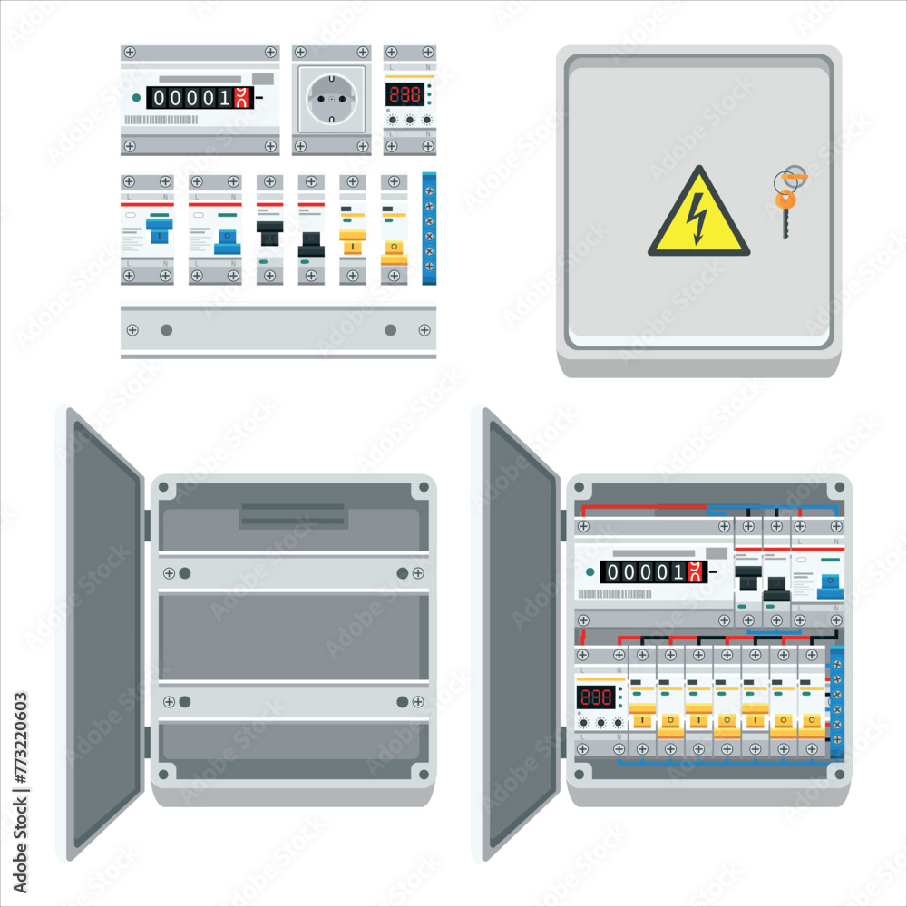 Fuse box. Types  and components of electrical. Electrical power switch panel with open and close door. Electricity equipment. Power Switch Panel. Vector illustration, isolated on white background.