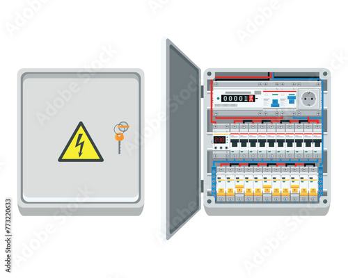 Fuse box. Electrical power switch panel with open and close door. Electricity equipment. Power Switch Panel. Vector illustration, isolated on white background.