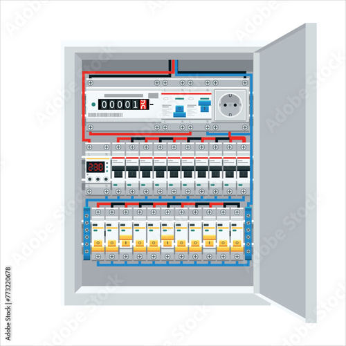 Fuse box. Electrical power switch panel with open door. Electricity equipment. Power Switch Panel. Vector illustration, isolated on white background.