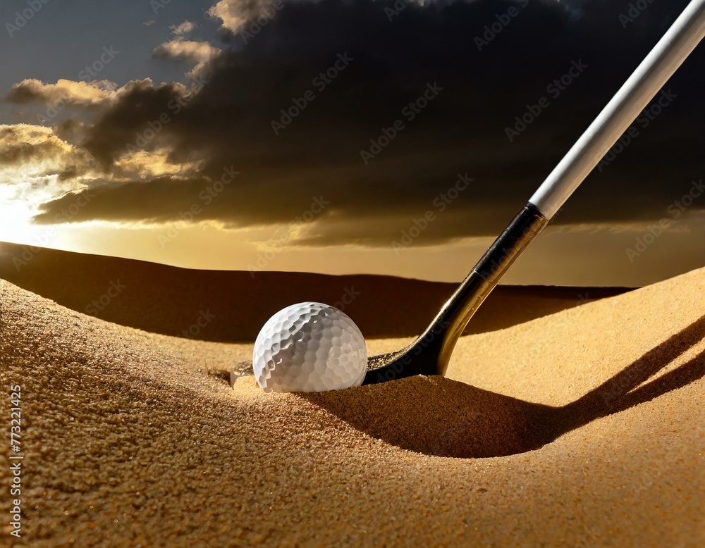 A detailed image of a sand wedge and a golf ball halfburied in a sand
