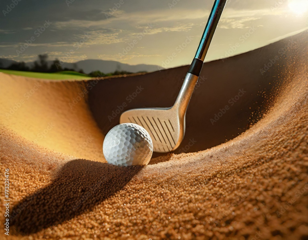 A detailed image of a sand wedge and a golf ball halfburied in a sand